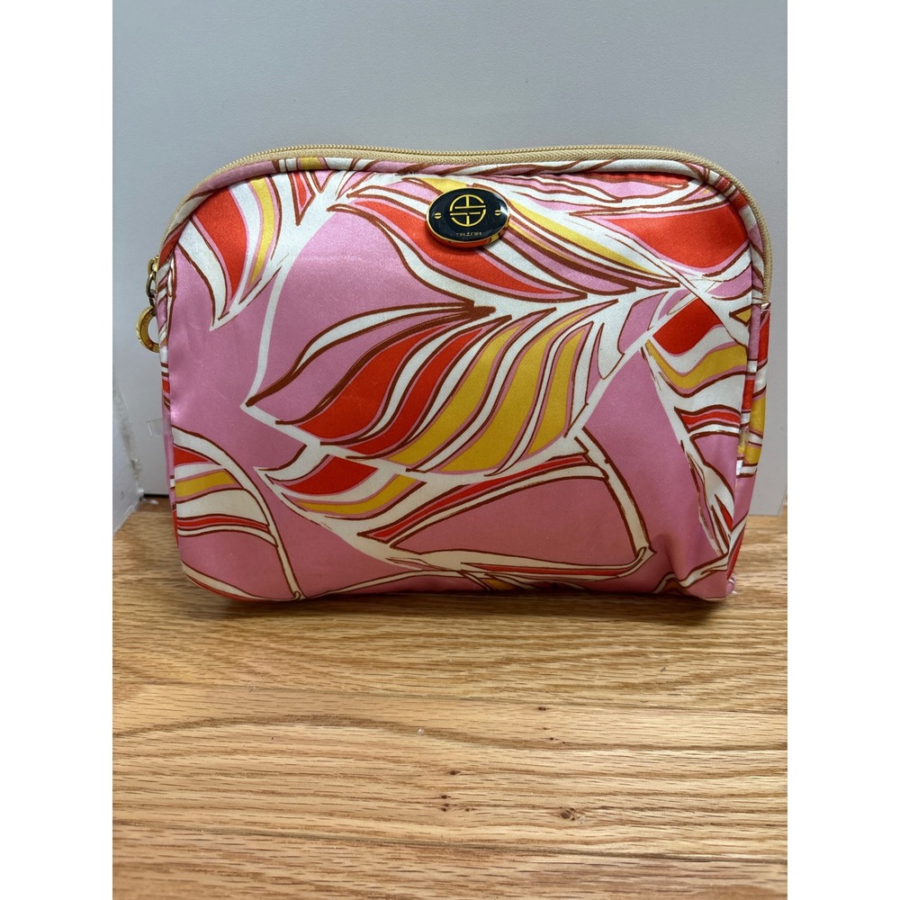 Trina Turk Pink Orange Leaf Print Satin Makeup Bag Cosmetic Pouch Gold Zipper